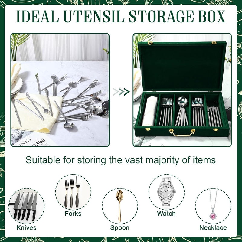 Pickmesh Silverware Case with Lid and Handle, Silverware Storage Box Sterling Silver Flatware Chest Without Silver Tarnish Proof Utensils Organizer for Kitchen Decor Wedding Gifts(Emerald,1 Layer) - Image 4
